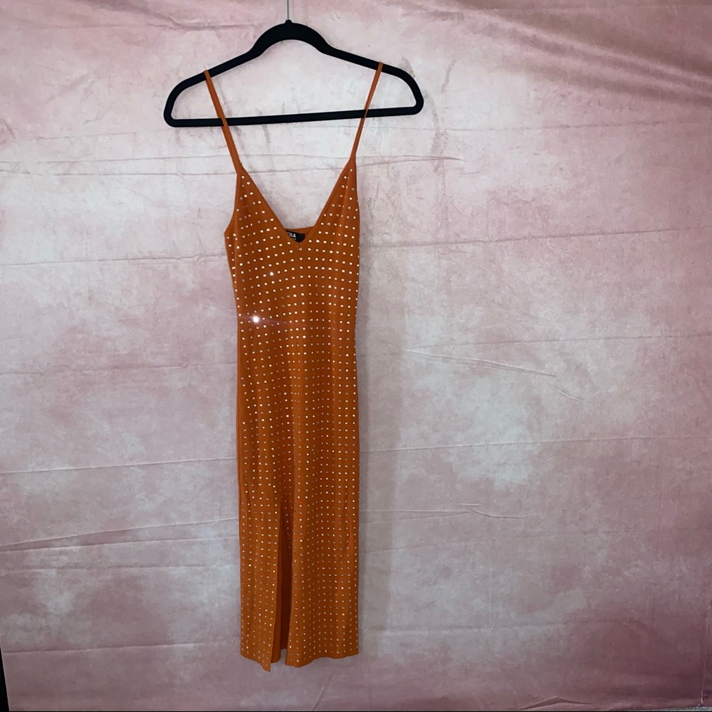 Thigh slit rhinestone midi dress